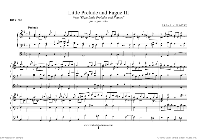 Little Prelude and Fugue III sheet music for organ solo by Johann Sebastian Bach, classical score, intermediate skill level