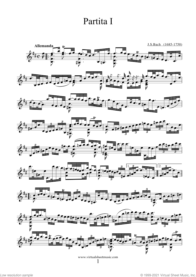 Partita No.1 in B minor sheet music for violin solo by Johann Sebastian Bach, classical score, advanced skill level