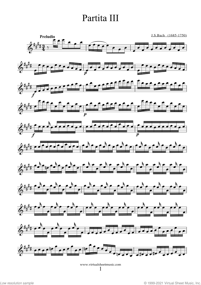 Partita No.3 in E major sheet music for violin solo by Johann Sebastian Bach, classical score, advanced skill level