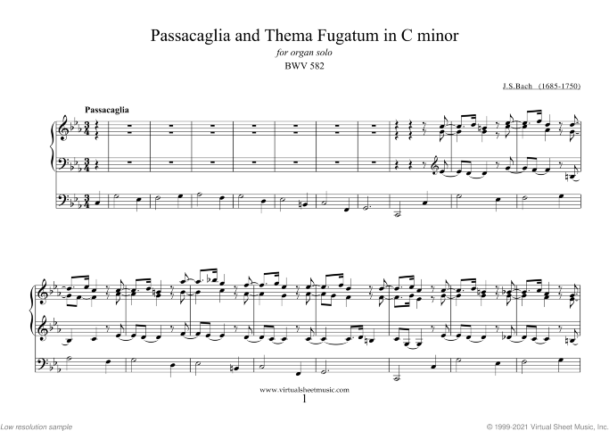 Passacaglia and Thema Fugatum in C minor sheet music for organ solo by Johann Sebastian Bach, classical score, advanced skill level