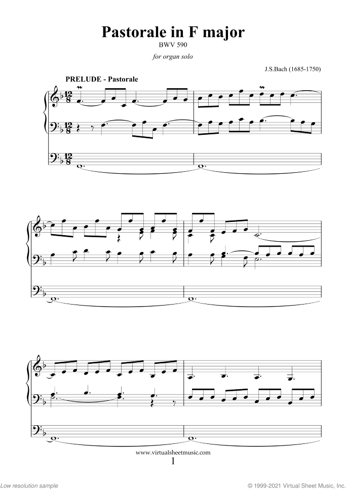 Pastorale in F major BWV 590 sheet music for organ solo by Johann Sebastian Bach, classical score, intermediate skill level