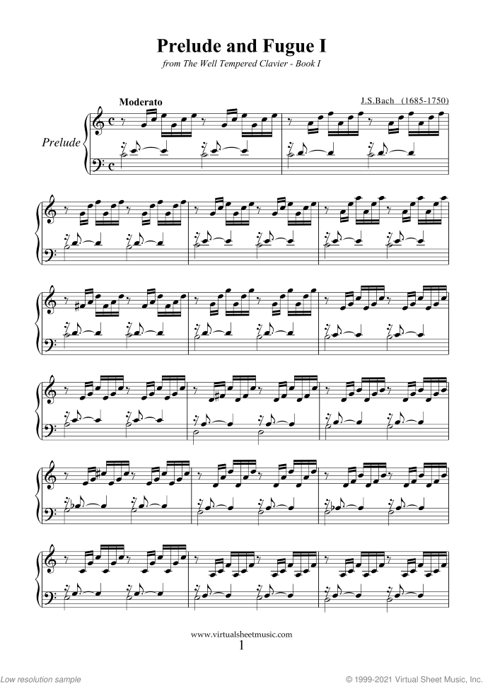 Prelude and Fugue I - Book I sheet music for piano solo (or harpsichord) by Johann Sebastian Bach, classical score, intermediate piano (or harpsichord)