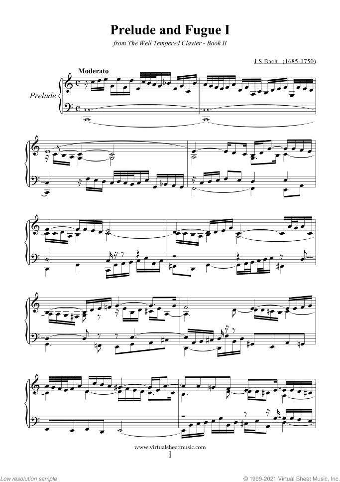 Prelude and Fugue I - Book II sheet music for piano solo (or harpsichord) by Johann Sebastian Bach, classical score, intermediate piano (or harpsichord)