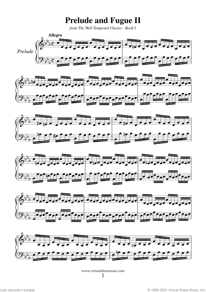 Prelude and Fugue II - Book I sheet music for piano solo (or harpsichord) by Johann Sebastian Bach, classical score, intermediate piano (or harpsichord)