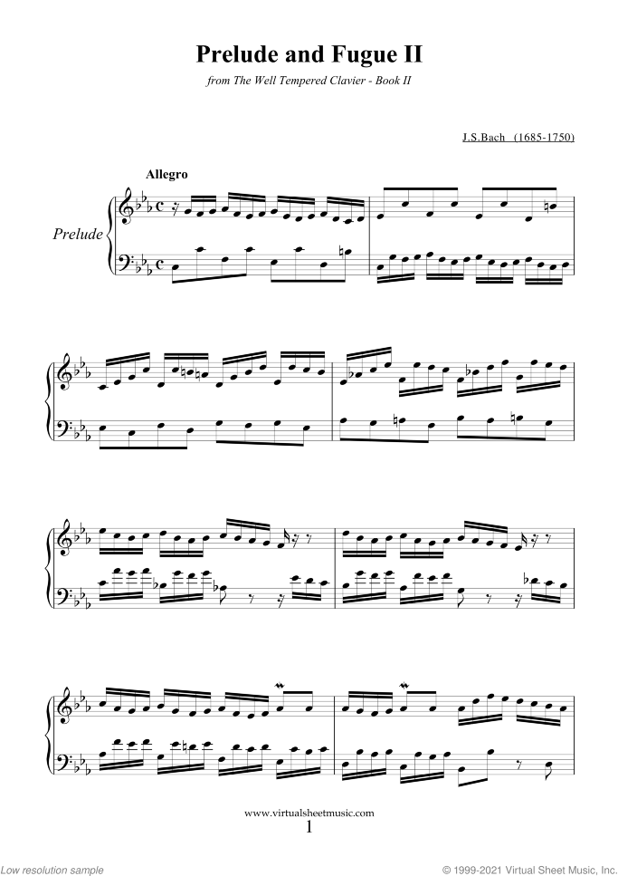 Prelude and Fugue II - Book II sheet music for piano solo (or harpsichord) by Johann Sebastian Bach, classical score, intermediate piano (or harpsichord)
