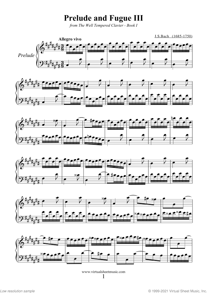 Prelude and Fugue III - Book I sheet music for piano solo (or harpsichord) by Johann Sebastian Bach, classical score, intermediate piano (or harpsichord)