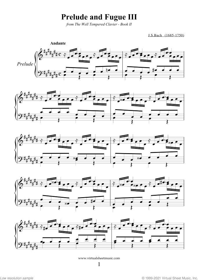 Prelude and Fugue III - Book II sheet music for piano solo (or harpsichord) by Johann Sebastian Bach, classical score, intermediate piano (or harpsichord)