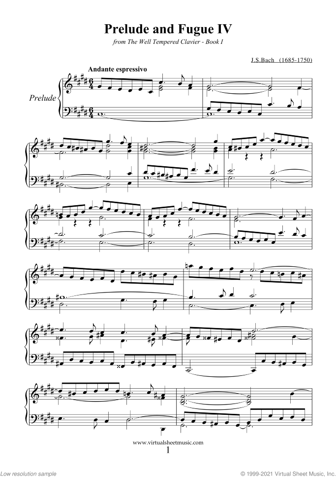 Prelude and Fugue IV - Book I sheet music for piano solo (or harpsichord) by Johann Sebastian Bach, classical score, intermediate piano (or harpsichord)
