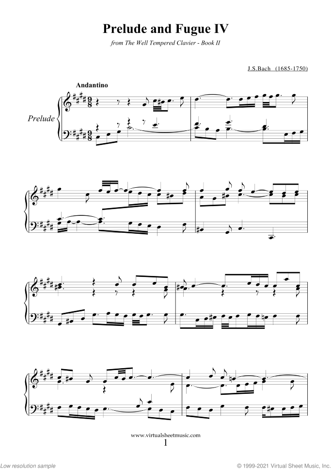 Prelude and Fugue IV - Book II sheet music for piano solo (or harpsichord) by Johann Sebastian Bach, classical score, intermediate piano (or harpsichord)