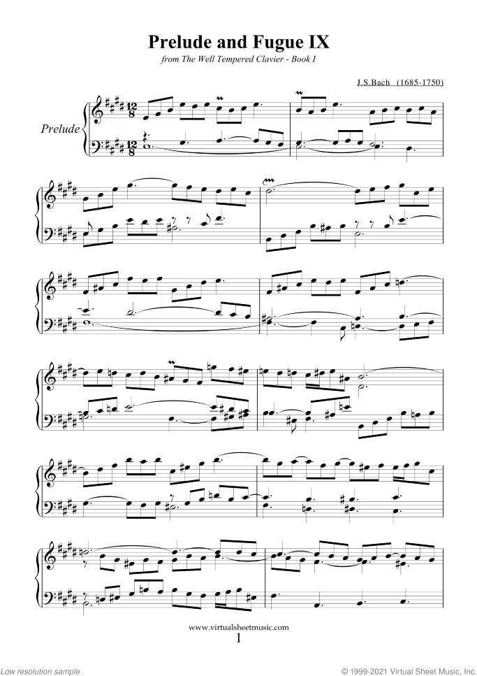 Prelude and Fugue IX - Book I sheet music for piano solo (or harpsichord) by Johann Sebastian Bach, classical score, easy/intermediate piano (or harpsichord)