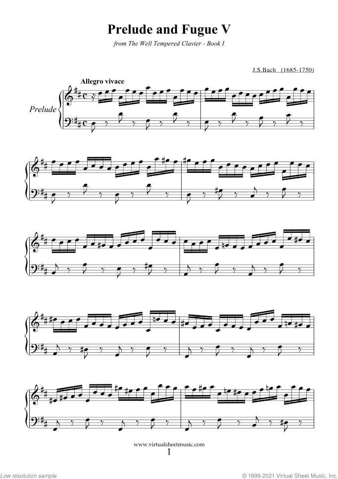 Prelude and Fugue V - Book I sheet music for piano solo (or harpsichord) by Johann Sebastian Bach, classical score, easy/intermediate piano (or harpsichord)