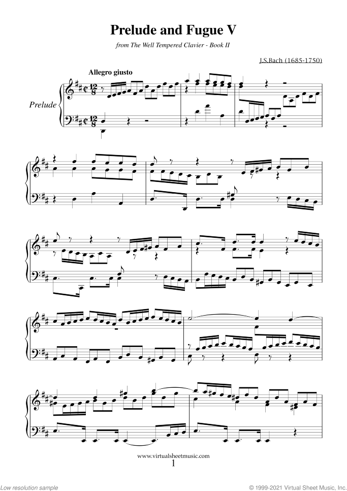 Prelude and Fugue V - Book II sheet music for piano solo (or harpsichord) by Johann Sebastian Bach, classical score, intermediate piano (or harpsichord)