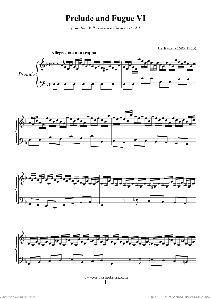 Prelude and Fugue VI - Book I sheet music for piano solo (or harpsichord) by Johann Sebastian Bach, classical score, intermediate piano (or harpsichord)