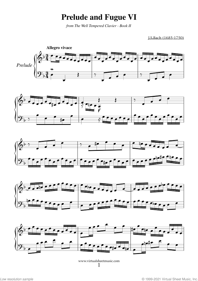 Prelude and Fugue VI - Book II sheet music for piano solo (or harpsichord) by Johann Sebastian Bach, classical score, intermediate piano (or harpsichord)