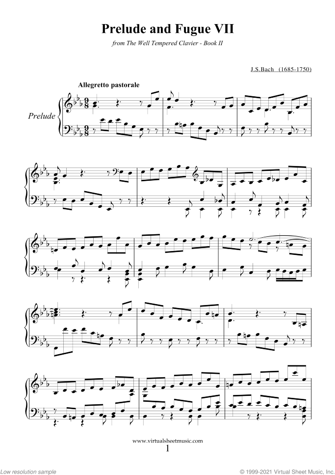 Prelude and Fugue VII - Book II sheet music for piano solo (or harpsichord) by Johann Sebastian Bach, classical score, easy/intermediate piano (or harpsichord)