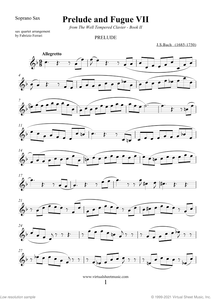 Prelude and Fugue VII - Book II (New Edition) sheet music for saxophone quartet by Johann Sebastian Bach, classical score, easy/intermediate skill level