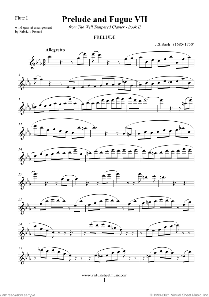Prelude and Fugue VII - Book II sheet music for wind quartet by Johann Sebastian Bach, classical score, intermediate skill level