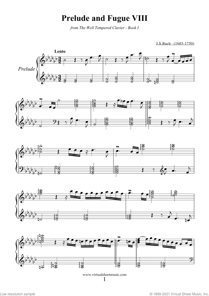 Prelude and Fugue VIII - Book I sheet music for piano solo (or harpsichord) by Johann Sebastian Bach, classical score, easy/intermediate piano (or harpsichord)