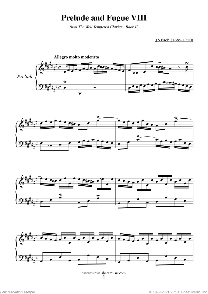 Prelude and Fugue VIII - Book II sheet music for piano solo (or harpsichord) by Johann Sebastian Bach, classical score, easy/intermediate piano (or harpsichord)