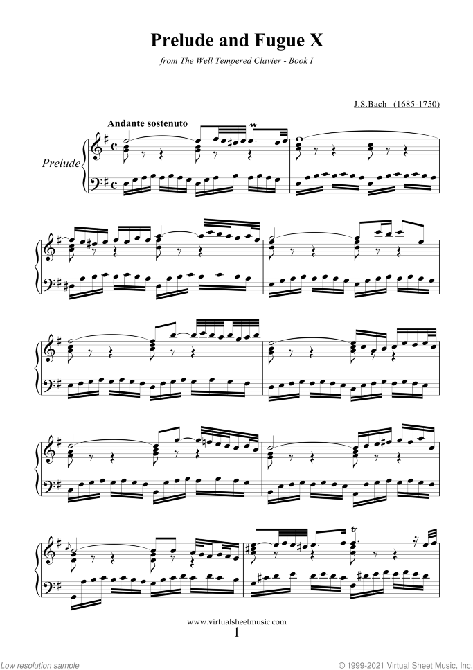 Prelude and Fugue X - Book I sheet music for piano solo (or harpsichord) by Johann Sebastian Bach, classical score, easy/intermediate piano (or harpsichord)