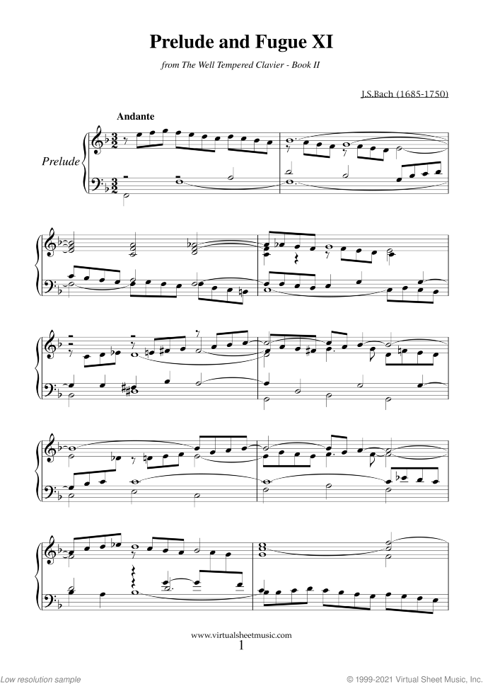 Prelude and Fugue XI - Book II sheet music for piano solo (or harpsichord) by Johann Sebastian Bach, classical score, easy/intermediate piano (or harpsichord)