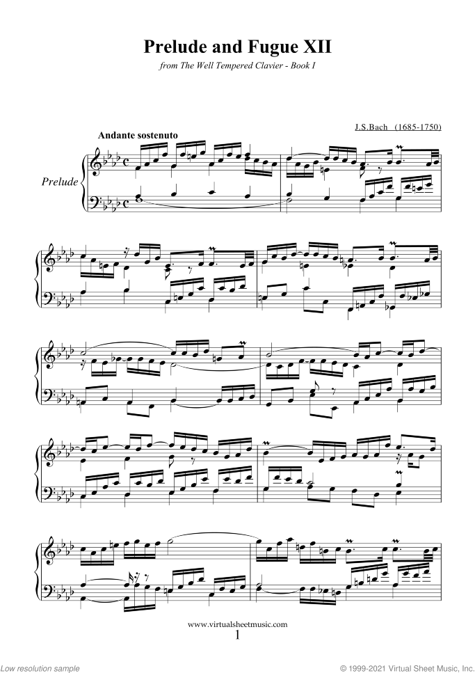 Prelude and Fugue XII - Book I sheet music for piano solo (or harpsichord) by Johann Sebastian Bach, classical score, intermediate piano (or harpsichord)