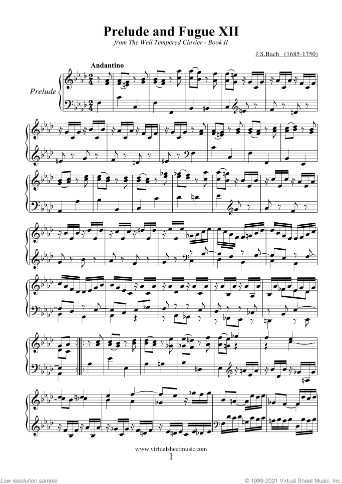 Prelude and Fugue XII - Book II sheet music for piano solo (or harpsichord) by Johann Sebastian Bach, classical score, intermediate piano (or harpsichord)