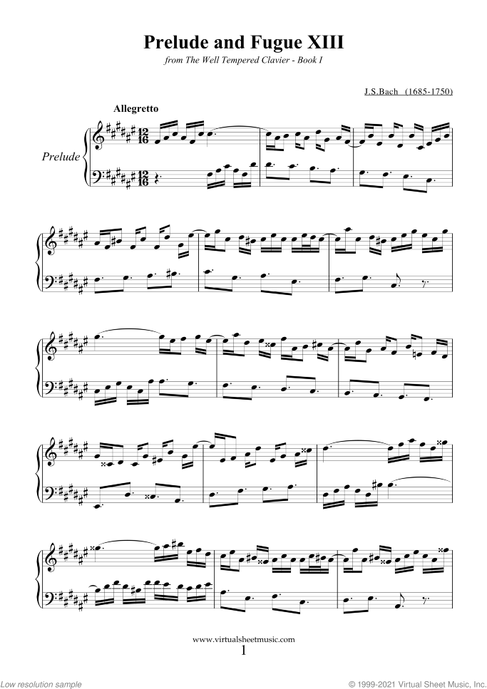 Prelude and Fugue XIII - Book I sheet music for piano solo (or harpsichord) by Johann Sebastian Bach, classical score, easy/intermediate piano (or harpsichord)