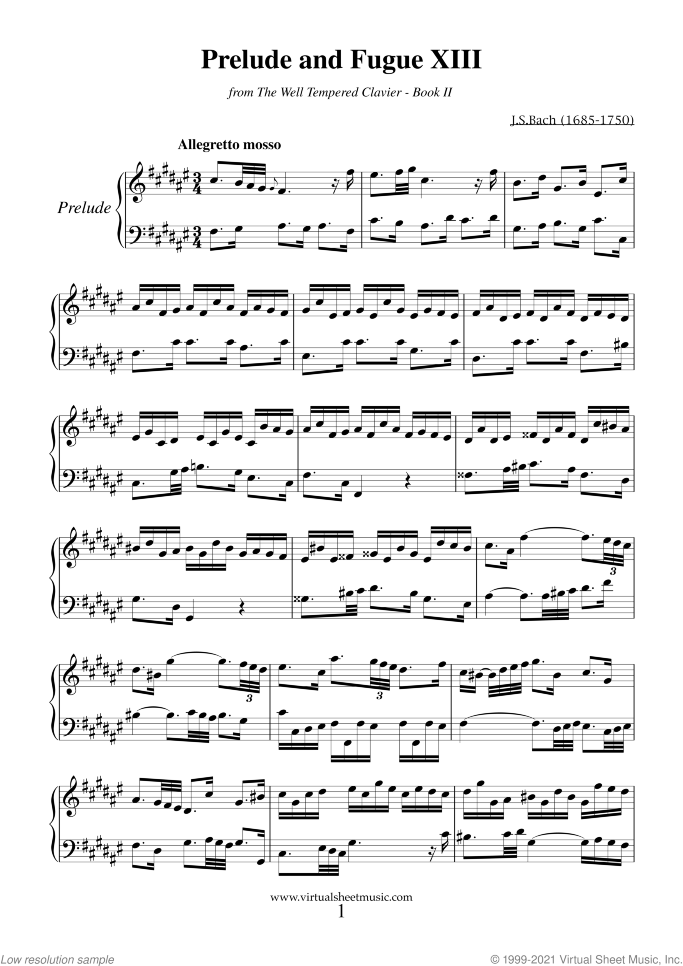Prelude and Fugue XIII - Book II sheet music for piano solo (or harpsichord) by Johann Sebastian Bach, classical score, intermediate piano (or harpsichord)