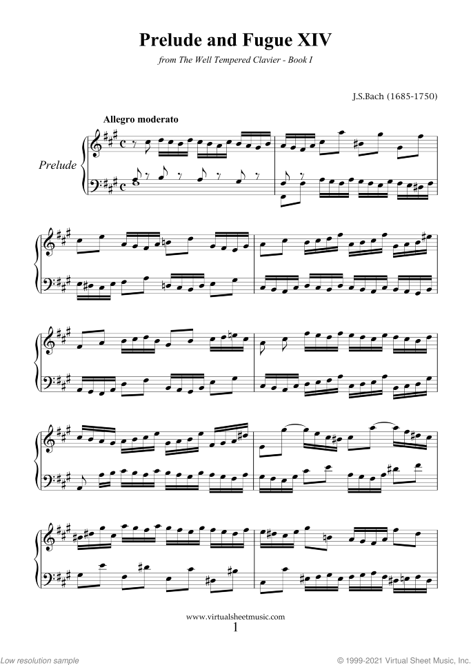 Prelude and Fugue XIV - Book I sheet music for piano solo (or harpsichord) by Johann Sebastian Bach, classical score, easy/intermediate piano (or harpsichord)