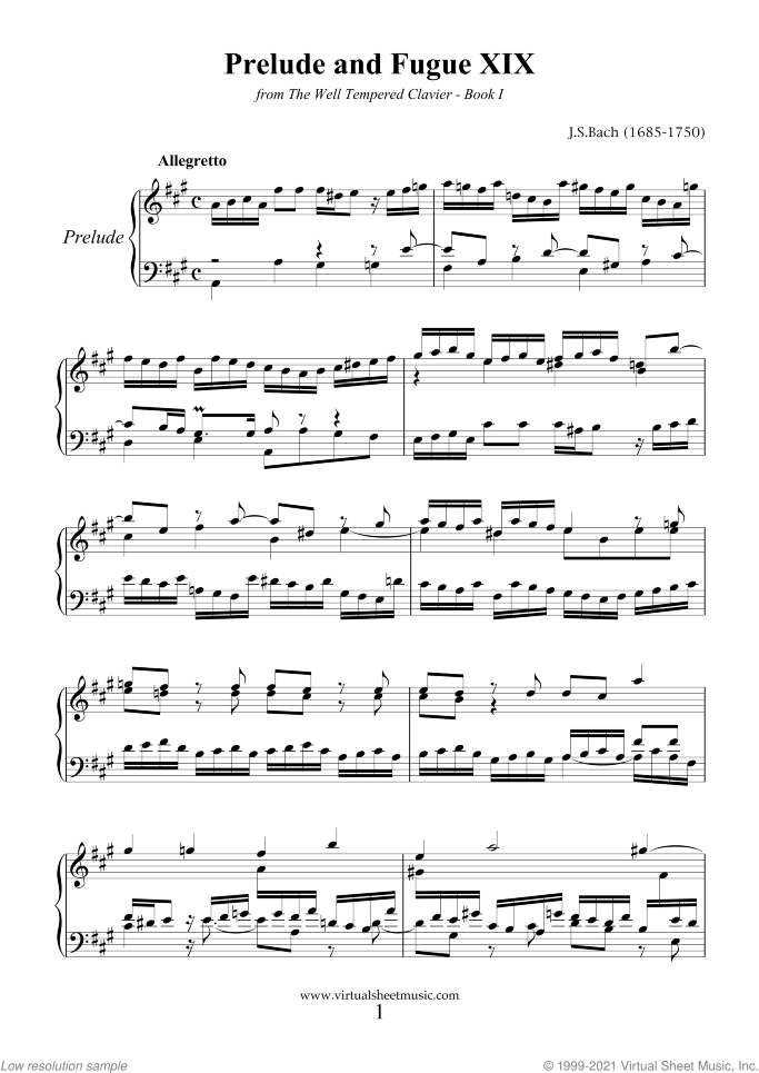 Prelude and Fugue XIX - Book I sheet music for piano solo (or harpsichord) by Johann Sebastian Bach, classical score, easy/intermediate piano (or harpsichord)