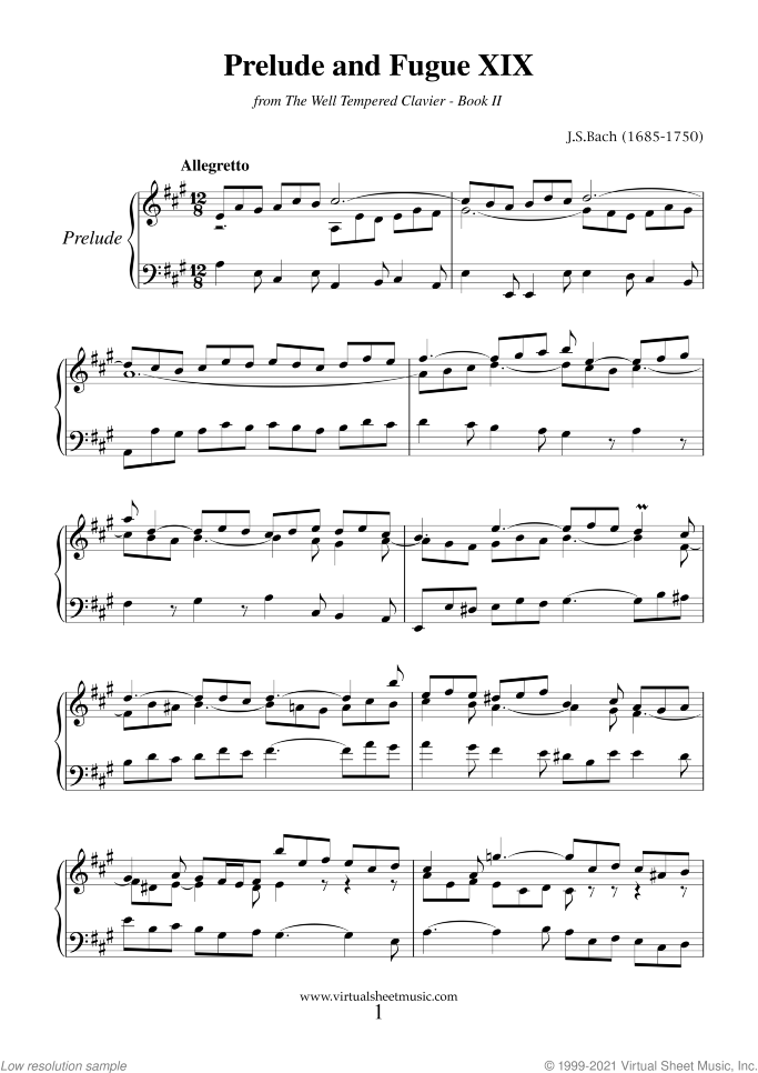 Prelude and Fugue XIX - Book II sheet music for piano solo (or harpsichord) by Johann Sebastian Bach, classical score, easy/intermediate piano (or harpsichord)