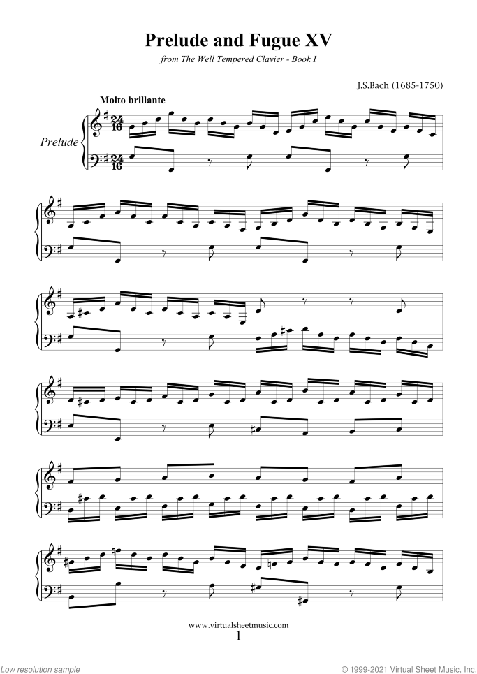 Prelude and Fugue XV - Book I sheet music for piano solo (or harpsichord) by Johann Sebastian Bach, classical score, easy/intermediate piano (or harpsichord)