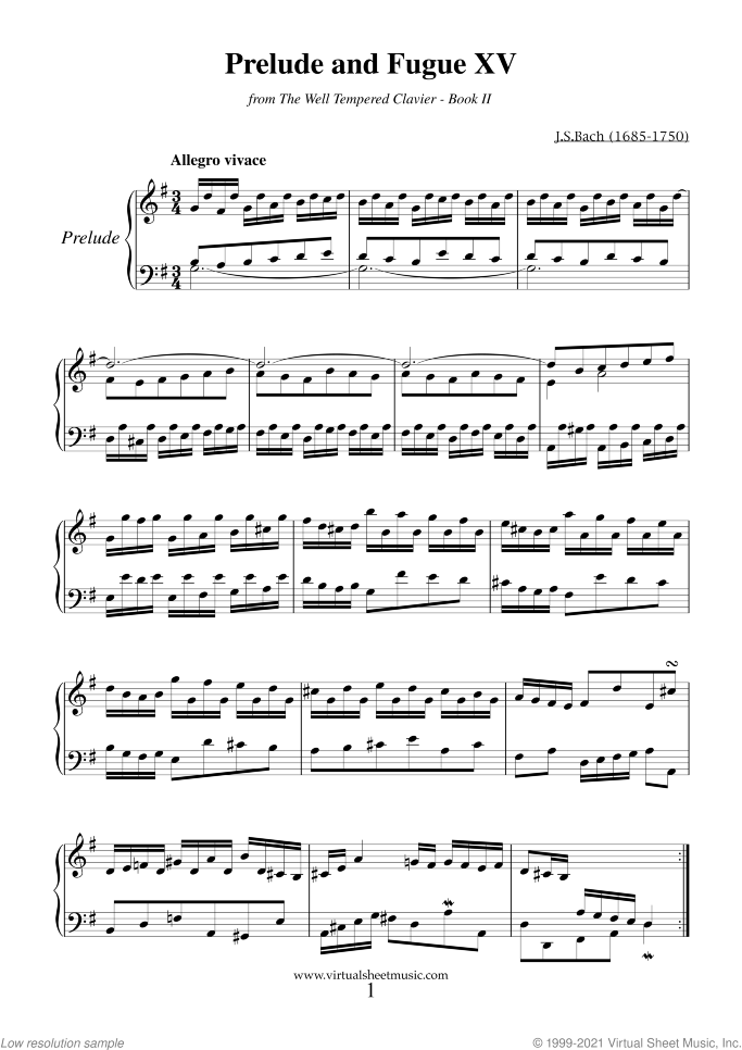 Prelude and Fugue XV - Book II sheet music for piano solo (or harpsichord) by Johann Sebastian Bach, classical score, easy/intermediate piano (or harpsichord)