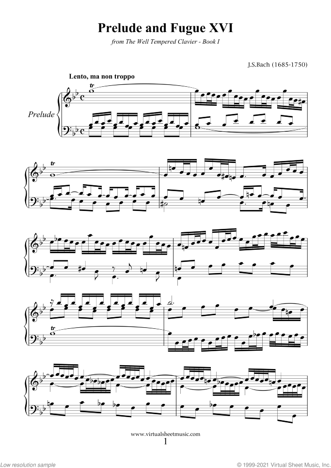 Prelude and Fugue XVI - Book I sheet music for piano solo (or harpsichord) by Johann Sebastian Bach, classical score, easy/intermediate piano (or harpsichord)