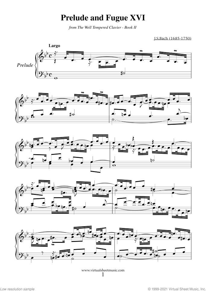 Prelude and Fugue XVI - Book II sheet music for piano solo (or harpsichord) by Johann Sebastian Bach, classical score, easy/intermediate piano (or harpsichord)