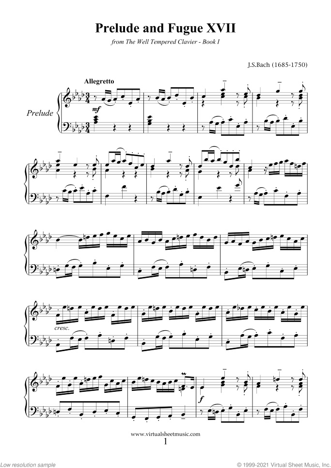 Prelude and Fugue XVII - Book I sheet music for piano solo (or harpsichord) by Johann Sebastian Bach, classical score, easy/intermediate piano (or harpsichord)
