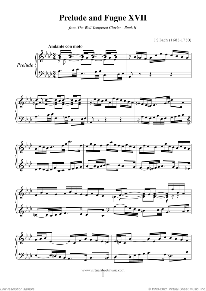 Prelude and Fugue XVII - Book II sheet music for piano solo (or harpsichord) by Johann Sebastian Bach, classical score, easy/intermediate piano (or harpsichord)