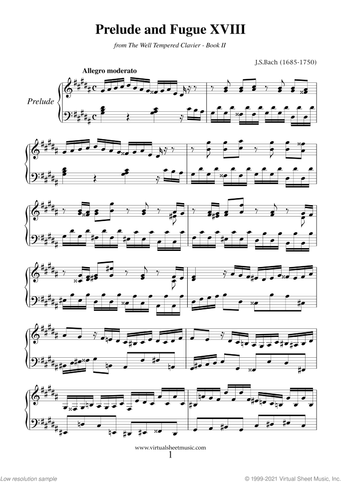 Prelude and Fugue XVIII - Book II sheet music for piano solo (or harpsichord) by Johann Sebastian Bach, classical score, easy/intermediate piano (or harpsichord)