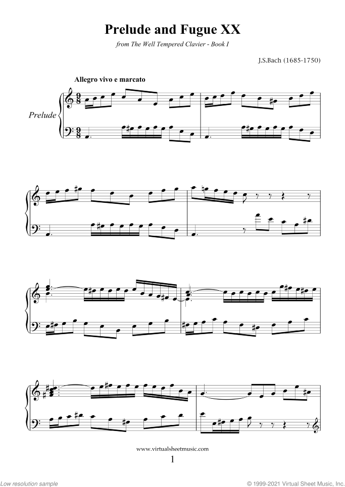 Prelude and Fugue XX - Book I sheet music for piano solo (or harpsichord) by Johann Sebastian Bach, classical score, easy/intermediate piano (or harpsichord)