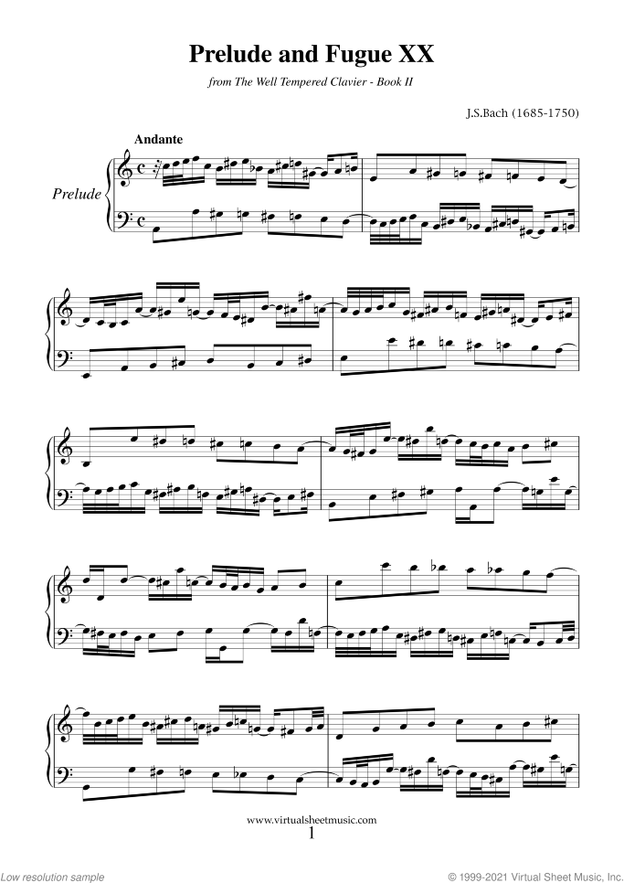 Prelude and Fugue XX - Book II sheet music for piano solo (or harpsichord) by Johann Sebastian Bach, classical score, easy/intermediate piano (or harpsichord)