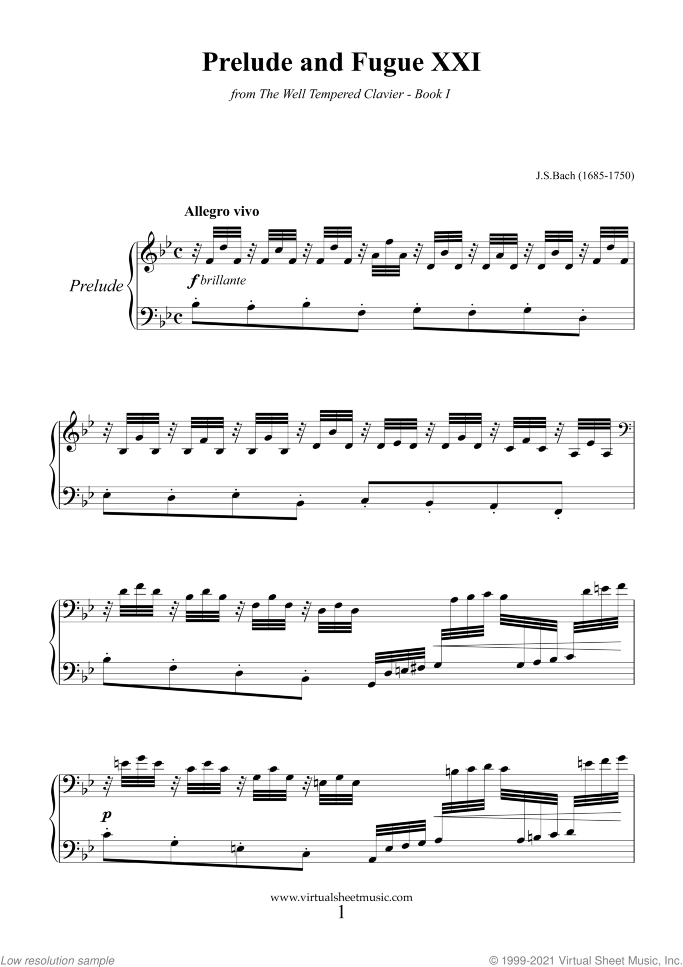 Prelude and Fugue XXI - Book I sheet music for piano solo (or harpsichord) by Johann Sebastian Bach, classical score, easy/intermediate piano (or harpsichord)