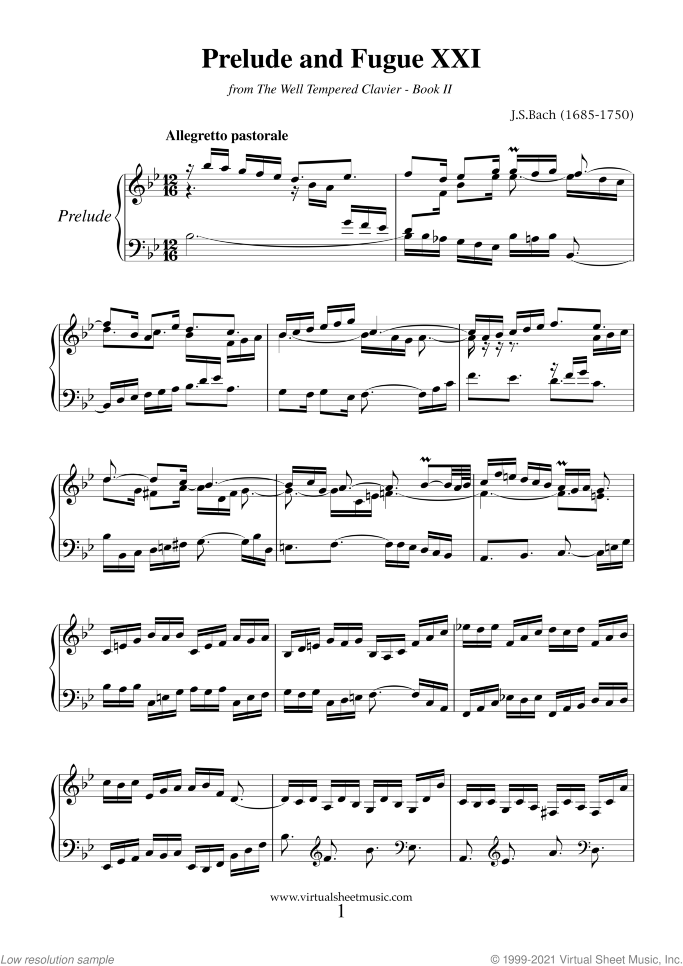 Prelude and Fugue XXI - Book II sheet music for piano solo (or harpsichord) by Johann Sebastian Bach, classical score, easy/intermediate piano (or harpsichord)