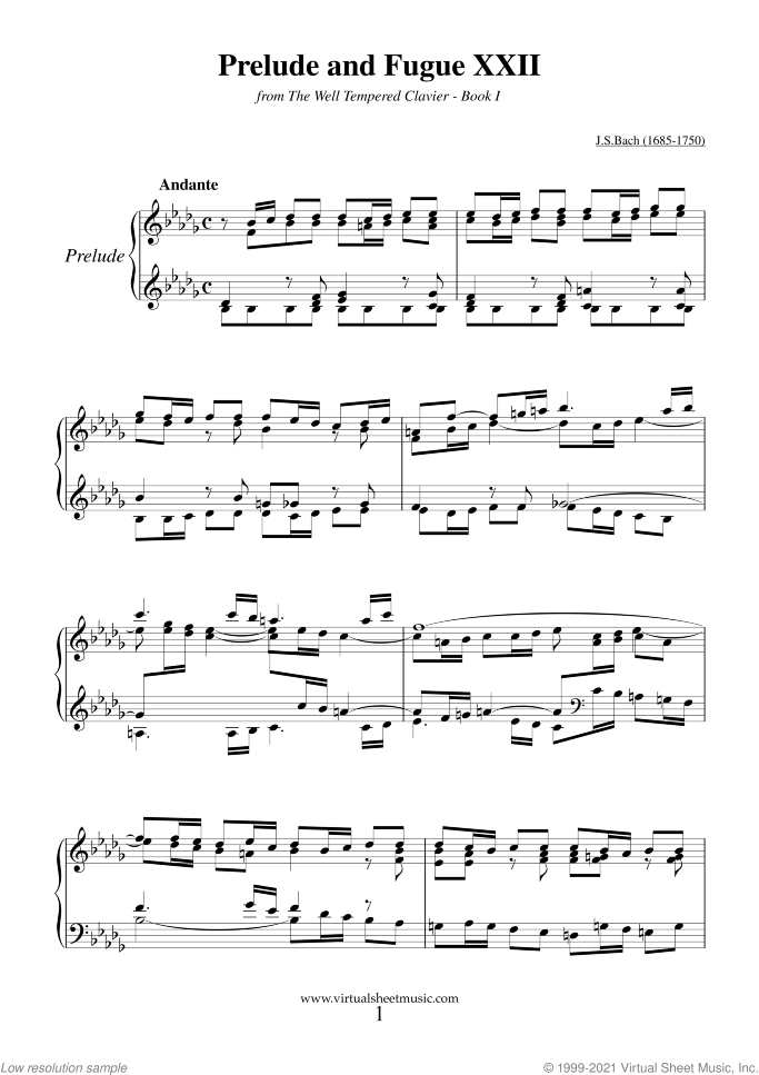 Prelude and Fugue XXII - Book I sheet music for piano solo (or harpsichord) by Johann Sebastian Bach, classical score, easy/intermediate piano (or harpsichord)
