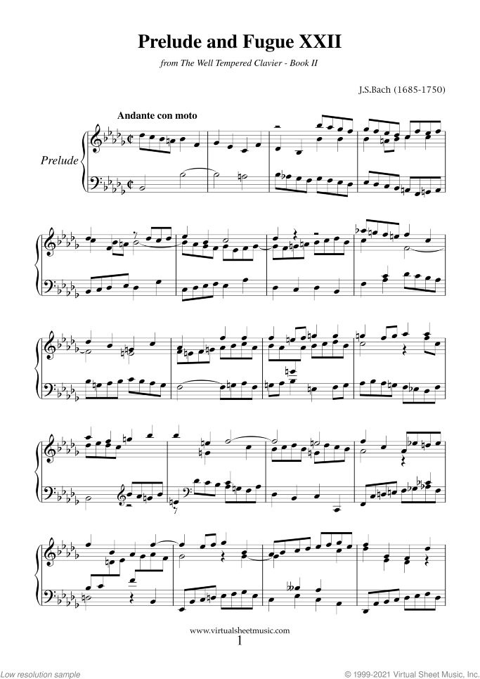 Prelude and Fugue XXII - Book II sheet music for piano solo (or harpsichord) by Johann Sebastian Bach, classical score, easy/intermediate piano (or harpsichord)