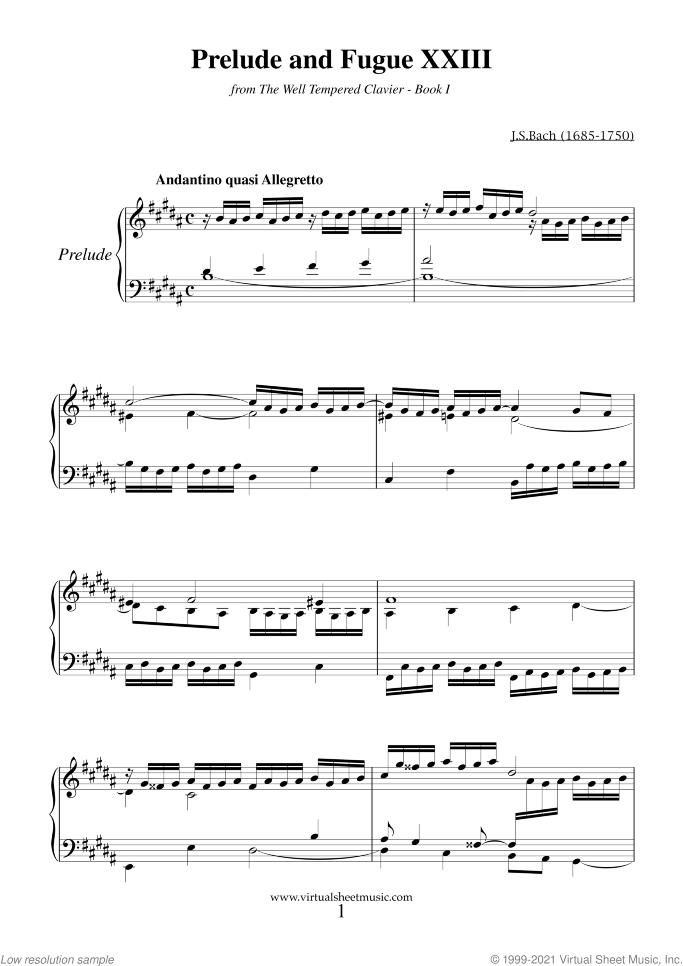 Prelude and Fugue XXIII - Book I sheet music for piano solo (or harpsichord) by Johann Sebastian Bach, classical score, intermediate piano (or harpsichord)