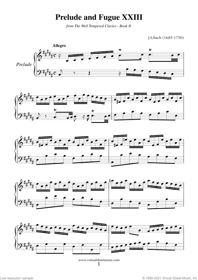 Prelude and Fugue XXIII - Book II sheet music for piano solo (or harpsichord) by Johann Sebastian Bach, classical score, easy/intermediate piano (or harpsichord)