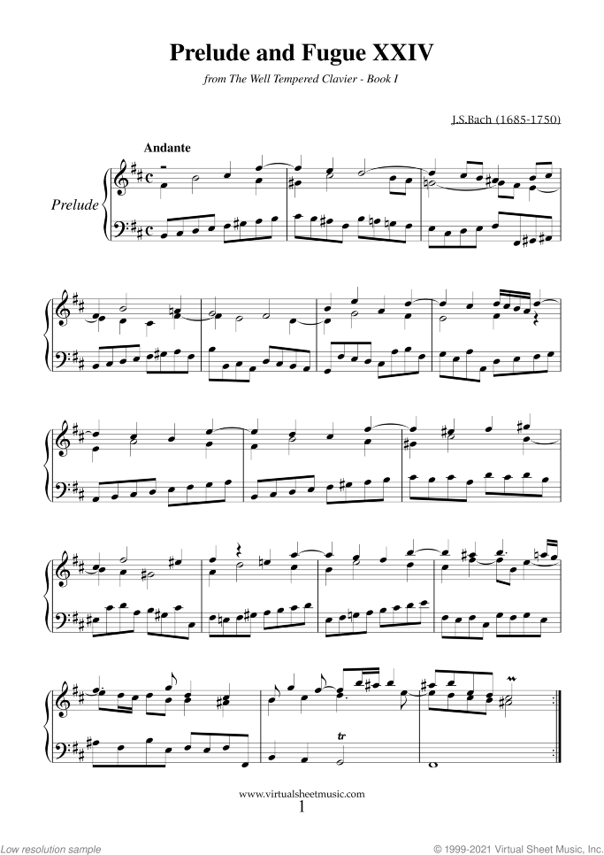 Prelude and Fugue XXIV - Book I sheet music for piano solo (or harpsichord) by Johann Sebastian Bach, classical score, intermediate piano (or harpsichord)
