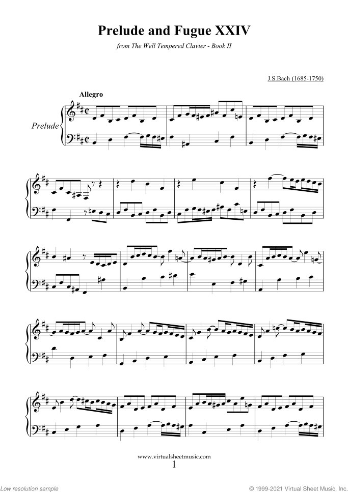 Prelude and Fugue XXIV - Book II sheet music for piano solo (or harpsichord) by Johann Sebastian Bach, classical score, easy/intermediate piano (or harpsichord)