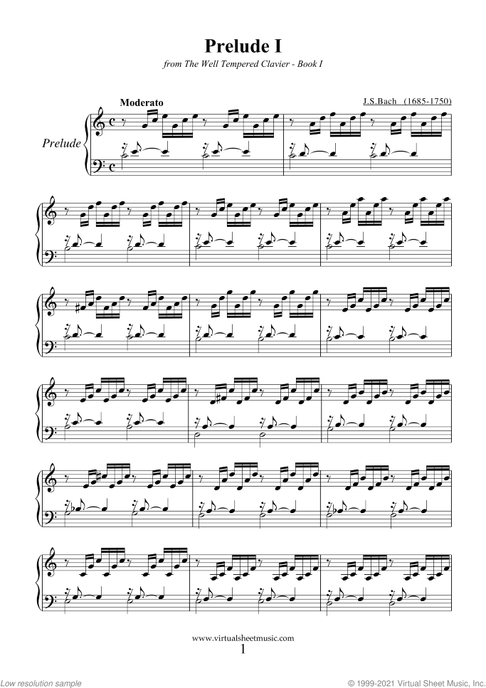 Prelude I - Book I sheet music for piano solo (or harpsichord) by Johann Sebastian Bach, classical score, easy piano (or harpsichord)